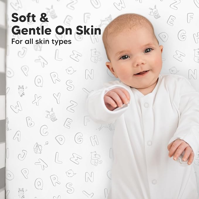 2-Pack Organic Crib Sheets for Boys, Girls - Jersey Fitted Crib Sheet, Baby Crib Sheets Neutral, Crib Mattress Sheet, Cotton Crib Sheets, Breathable Crib Sheet, Baby Mattress Sheets (ABC Land Cloud)