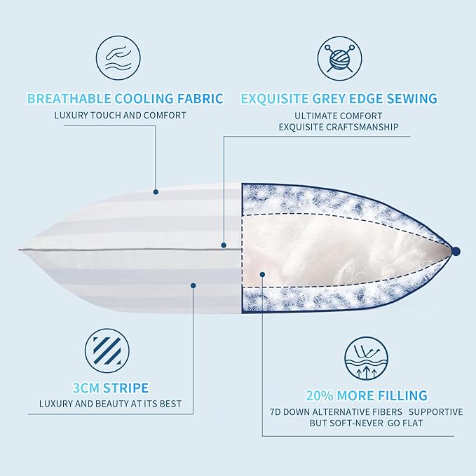 pillows standard size set of 2 (White stripe), Cooling Hotel Quality, Gusseted Pillow for Back, Stomach or Side Sleepers,20 x 26 Inches