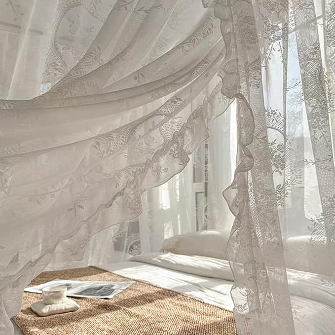 Elegant Lace Princess 4 Corner Post Mosquito Net Romantic for Girls Women Bed Curtain Canopy for Adult Wedding Bedroom Kids Rooms Decoration (Color-A, King)