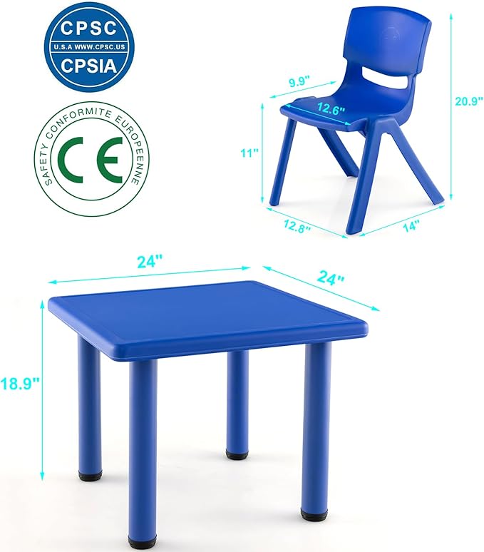 24" L x 24" W Kids Table and 4 Chairs Set, 1-8 Year Old Toddler Activity Craft Table for Toddlers Home, Nursery, Classrooms - Green Blue