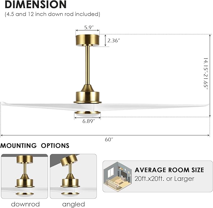 WINGBO 60 Inch DC Ceiling Fan with Lights and Remote Control, 3 Reversible Carved Wood Blades, 6-Speed Noiseless DC Motor, Modern Ceiling Fan in Brass Finish with White Blades