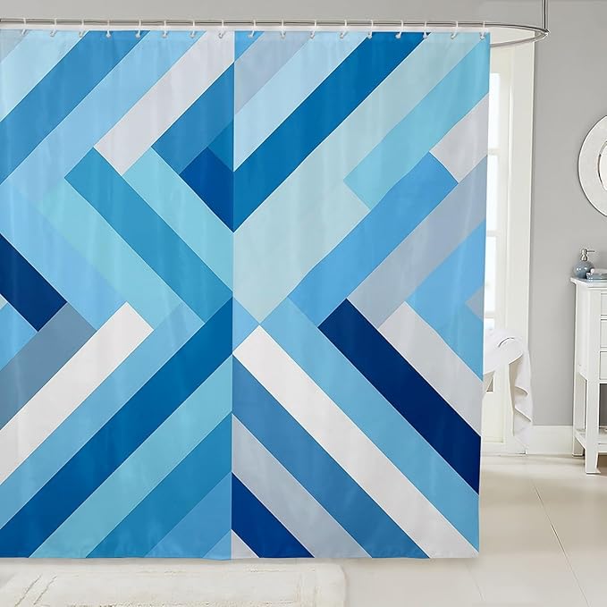 Feelyou Blue Stripe Fabric Shower Curtain Geometric Bathroom Waterproof Accessories with 12 Hooks for Kids Teens Adults Stripe Line Shower Curtain Simple Modern Curtains,72x78 Inches