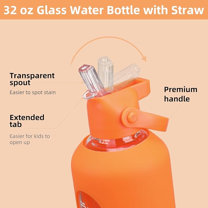 32 oz Glass Water Bottles with Straw Borosilicate Glass Water Bottle with Time Marker Motivational Water Bottles with Silicone Sleeve Leak Proof Reusable BPA Free