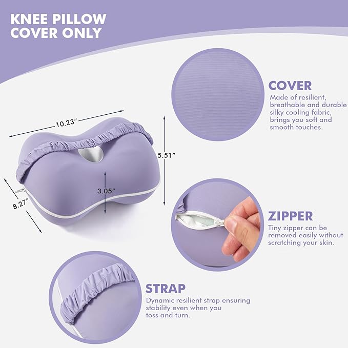 Kevity Leg & Knee Pillow Cove for Side Sleepers - Machine Washable & Cooling Pillow Case with Strap - Replacement Pillowcase Cover 10'' x 8.5'' x 5.3'' - Cover ONLY (Purple, Medium, 1PCS)