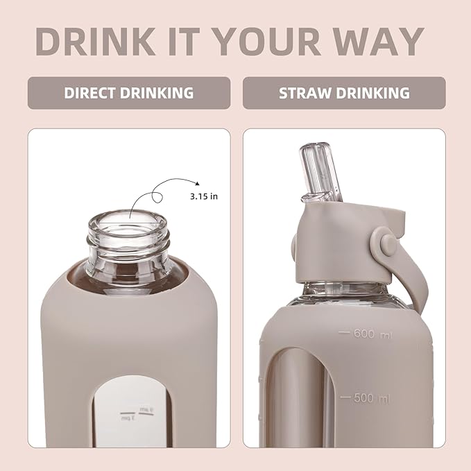 20 oz Glass Water Bottles with Straw Borosilicate Glass Water Bottle with Time Marker Motivational Water Bottles with Silicone Sleeve Leak Proof Reusable BPA Free