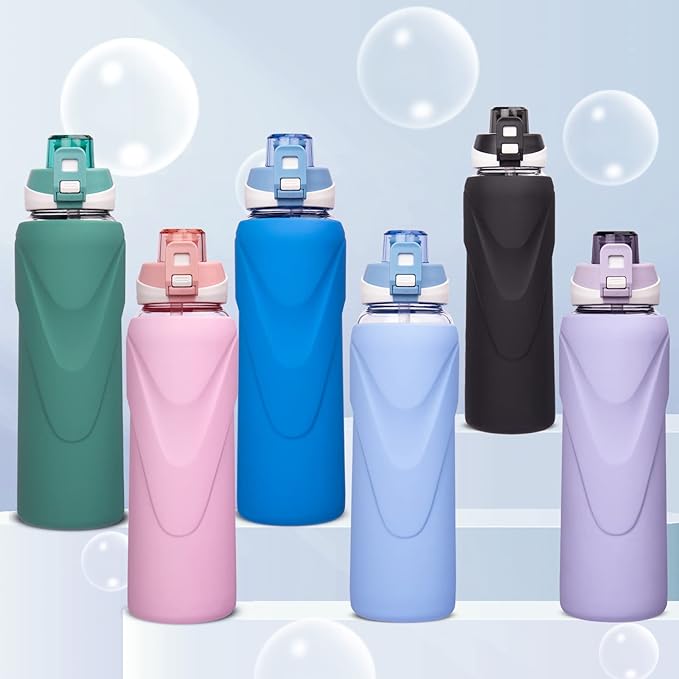 32 oz Sports Glass Water Bottle with Straw & Silicone Sleeve Reusable BPA-free Borosilicate Glass Drinking Bottle with Flip Top Lid & Handle Wide Mouth (Deep Green)