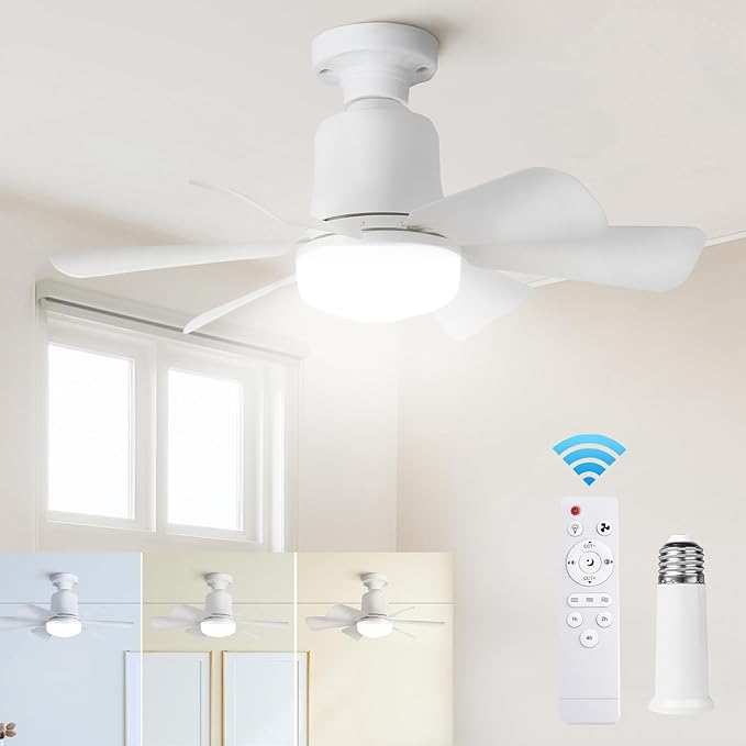 Socket Fan Light with Remote, 3 Color Ceiling Fans with Lights, Dimmable Small Led Ceiling Fan with E26 Base, 1000 Lumens Screw in Ceiling Fan Light for Bedroom, Kitchen, Living Room