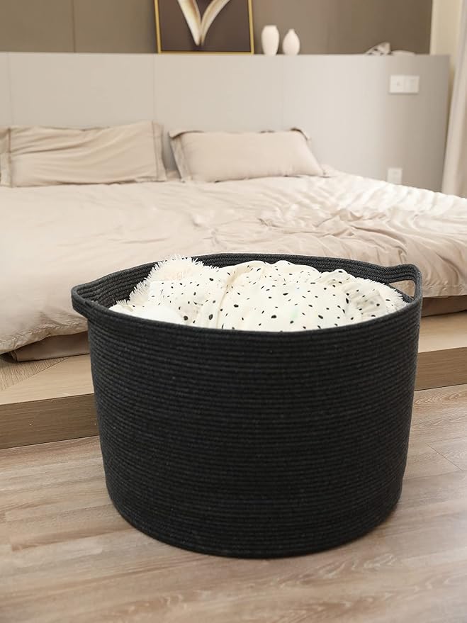 24" x 24" x 17" Max Size Large Cotton Rope Basket, Extra Large Storage Basket, Woven Laundry Hamper, Cloth Storage Bin, for Blankets Clothes Towels Pillows in Living Room, All Black Grey Mix