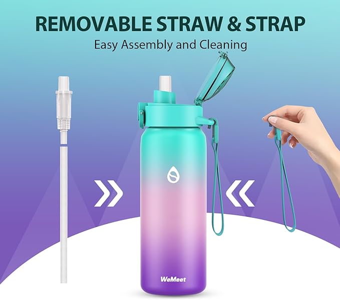 32oz Water Bottle with Removable Straw and Spout Lid Two Ways to Drink, 18/10 Stainless Steel Insulated Water Bottle, BPA-Free, Leak Proof, Double wall, for Sports, Gym