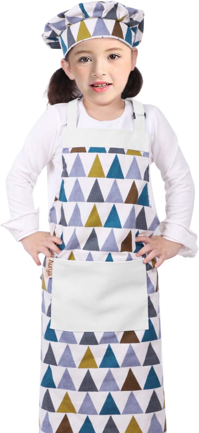 Kids Apron and Chef Hat Set-Adjustable Child Apron for Boys and Girls for Cooking Baking