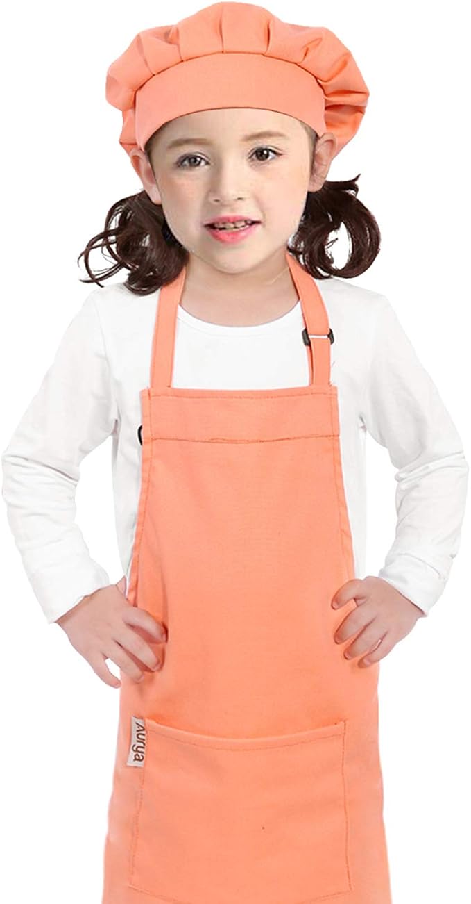 Kids Apron and Chef Hat Set-Adjustable Child Apron for Boys and Girls for Cooking Baking Light Orange