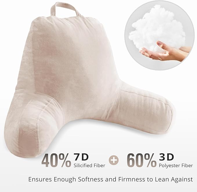 Sasttie Reading Pillow for Sitting in Bed Adult, Velvet Back Pillow for Bed Sitting Up, Backrest Back Support Chair Pillow, College Dorm Essentials for Girls and Boys, Beige