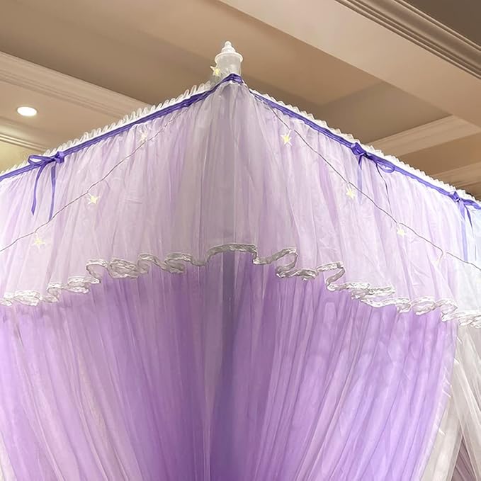 Mengersi Canopy Bed Curtains with Lights,4 Corner Bed Canopy Royal Luxurious Bed Drapes Netting,Princess Bed Curtains for Girls Adults Bedroom Decoration (Purple, King)