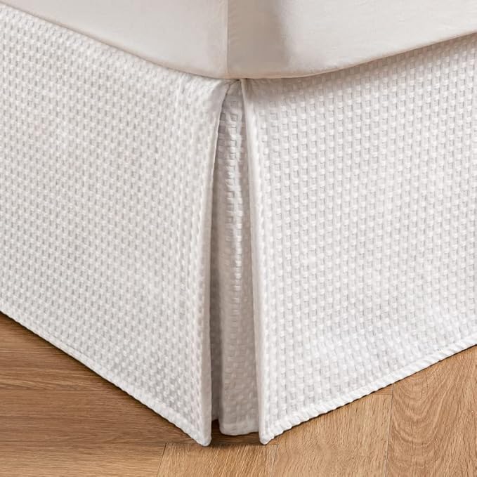 MIYE Pleated Waffle Weave Bed Skirt, Tailored Dust Ruffle 16 Inch Drop Easy Fit, Machine Washable (White,Cal King - 16" Drop)