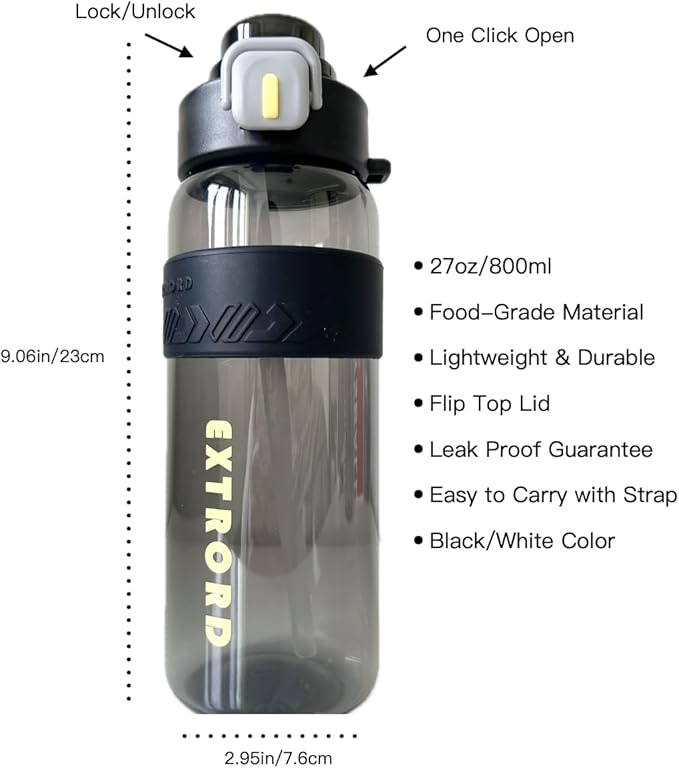 27oz Leak-Proof Water Bottle with Flip Top, 800ml BPA Free Reusable Plastic Drinking Bottle for Gym & Outdoor (Black)