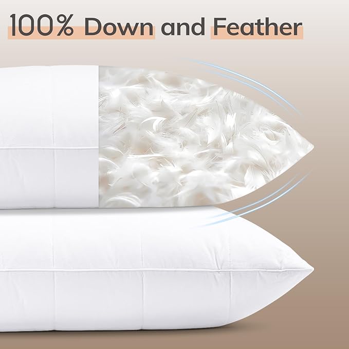 SAVORI Pack of 2 Goose Down Feather Pillows with 100% Cotton Cover, Soft Hotel Bed Pillow for Sleeping, Cooling Pillow for Back, Stomach or Side Sleepers, Queen Size-White 20x30 Inch