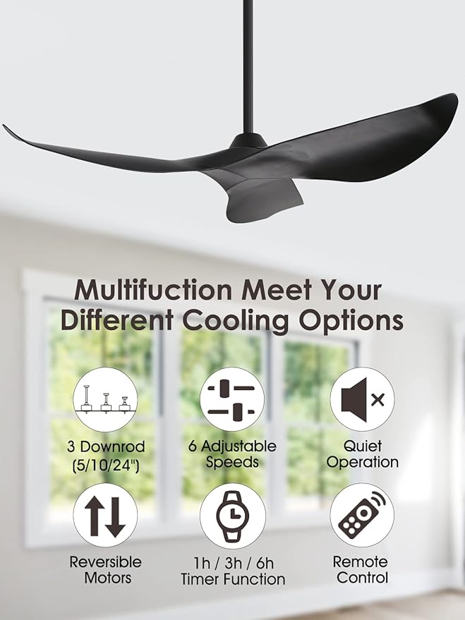 Sofucor 52" Ceiling Fan no Light and Remote Control, Modern Ceiling Fan Without Light, Indoor Outdoor Ceiling Fan with Reversible Motor, 6 Speeds, Black