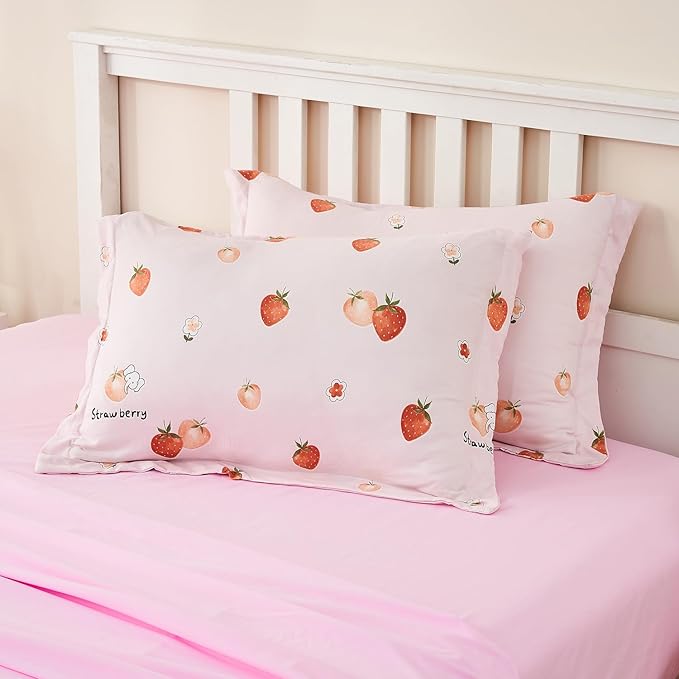 Wajade Girls Strawberry Comforter Set Bed in A Bag Full Size 7 Piece Pink 3D Cute Strawberry Fruit Bedding Set for Kids (1 Comforter, 1 Flat Sheet, 1 Fitted Sheet, 2 Pillowcase and 2 Pillow Sham)