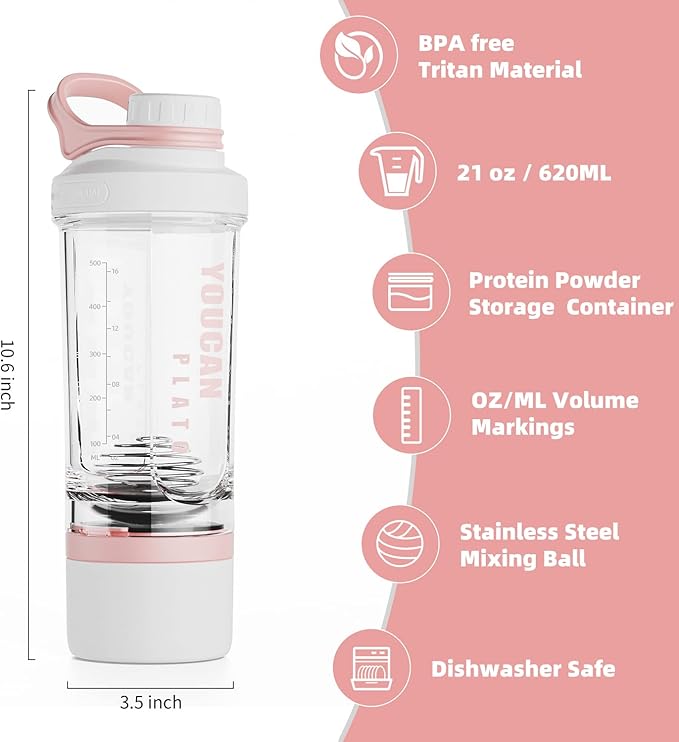 21oz Protein Shaker Bottle with Powder Storage Container-Shaker Cups for Protein Shakes-pre workout bottle-Mixer Cup-Gym Sport Water Bottle -Made with Tritan BPA Free,with Wire Whisk Balls,Pink