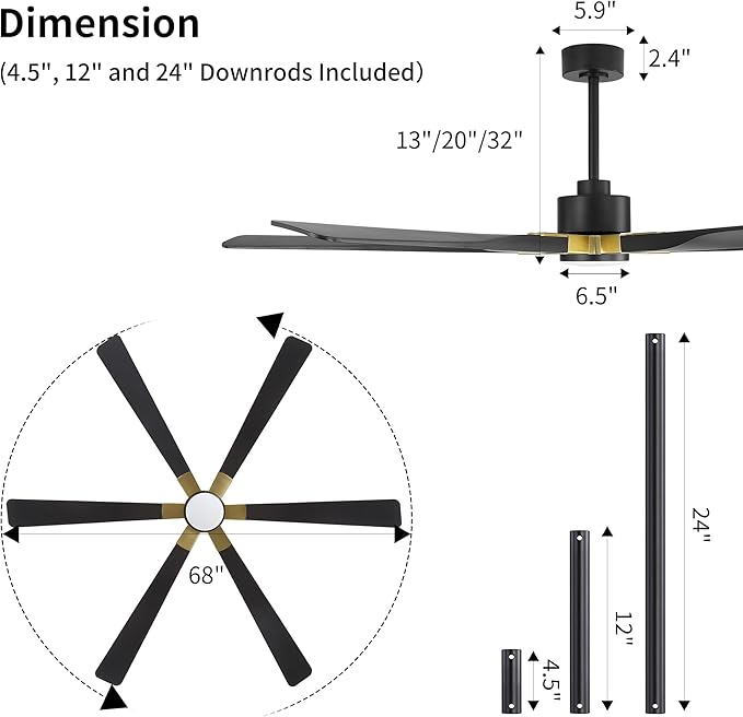 68 Inch Ceiling Fan with Lights and Remote Control, 6 Reversible ABS Blades, 6-Speed Noiseless DC Motor with 4.5" / 12" / 24" Downrods for Bedroom Dining Living Room, Gold and Black