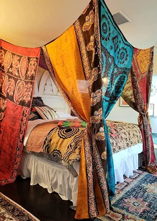 EthinicCraftHub® Bed Canopy King Size Bali HI Made to Order Gypsy Hippy India Sari Saree Curtain Bedroom Decor Bohemian Chic