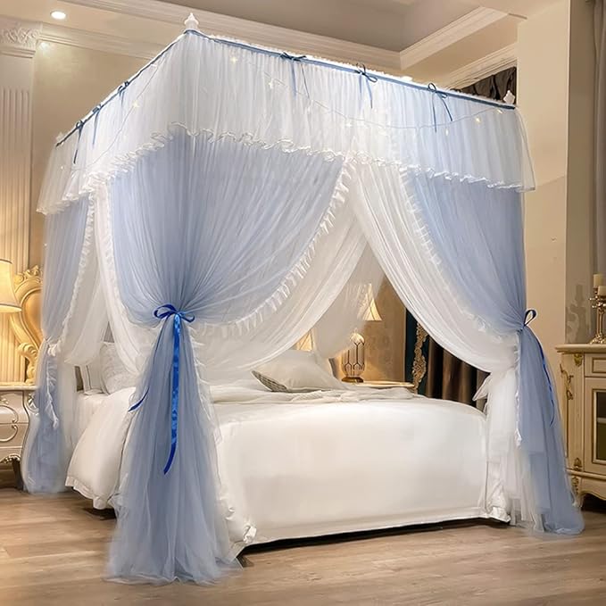 Mengersi Canopy Bed Curtains with Lights,4 Corner Bed Canopy Royal Luxurious Bed Drapes Netting,Princess Bed Curtains for Girls Adults Bedroom Decoration (Gray Blue, California King)