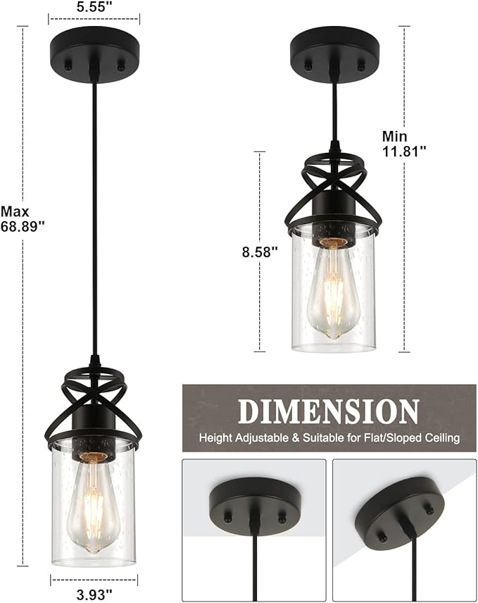 Industrial Pendant Light with Seeded Glass Shade, Black Farmhouse Hanging Light for Kitchen Island, Modern Ceiling Light Fixture for Dining Room Bedroom