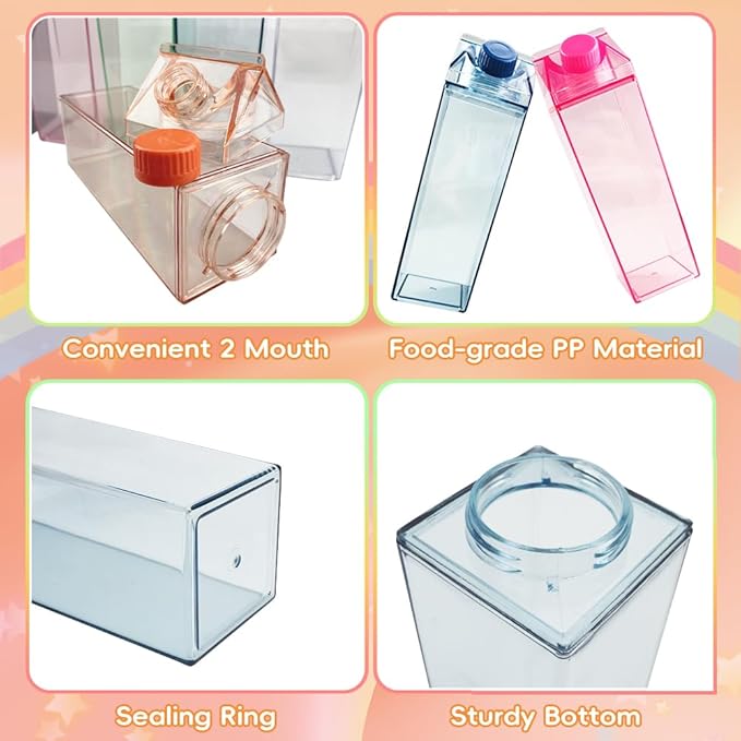 37PCS Milk Carton Square Water Bottle Set, Milk Carton Container 17oz for Refrigerator, Including Straw, Straw Lid, Straw Brush, Sponge Cup Brush, Cup Spout Brush, Label Sticker