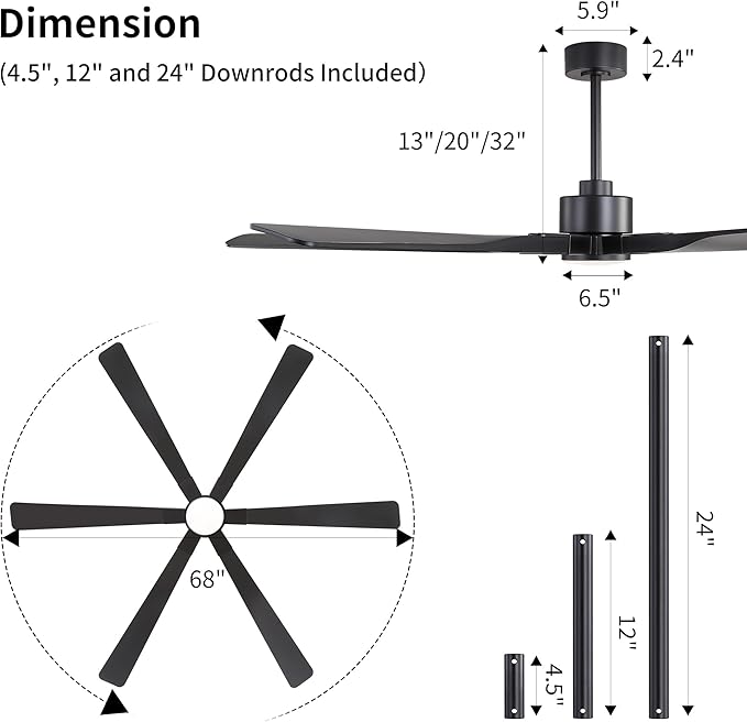 68 Inch Ceiling Fan with Lights and Remote Control, 6 Reversible ABS Blades, 6-Speed Noiseless DC Motor with 4.5" / 12" / 24" Downrods for Bedroom Dining Living Room, Black