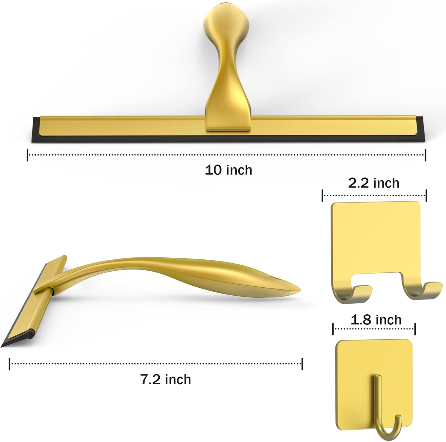 All-Purpose Stainless Steel Shower Squeegee for Shower Doors with 2 Adhesive Hooks, Bathroom Cleaner Tool Household Window Mirror Squeegee for Home Cleaning, Glass Door, Tile Wall, Car, 10 Inch Golden