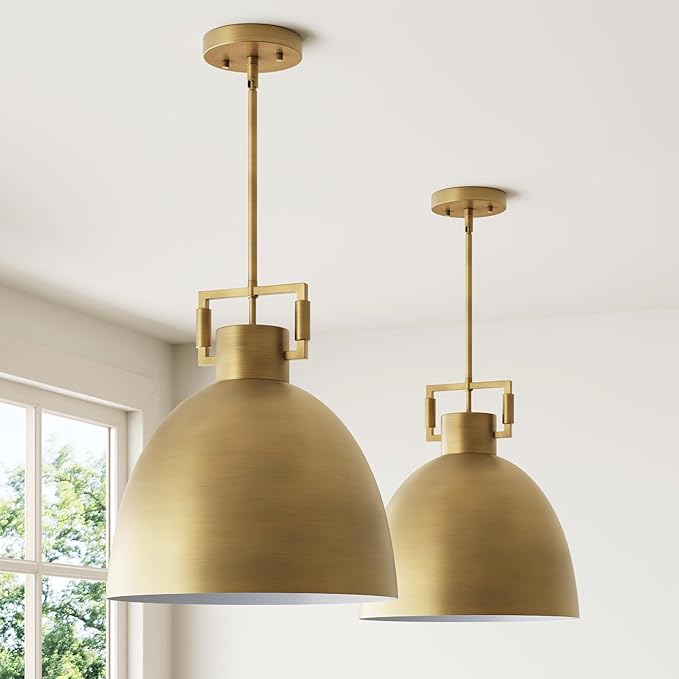 Nathan James Leigh Pendant Lighting, Hanging Ceiling Light with Oversized Metal Shade and Adjustable Cord, for Kitchen Island or Entryway, Antiqued Brass, Set of 2