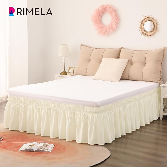 RIMELA Bed Skirt King Size 12 Inch Drop, Wrap Around Elastic Bedskirt Solid Microfiber Luxury Hotel Quality Fabric, Easy to Install Machine Washable Wrinkle & Fade Resistant, Cream