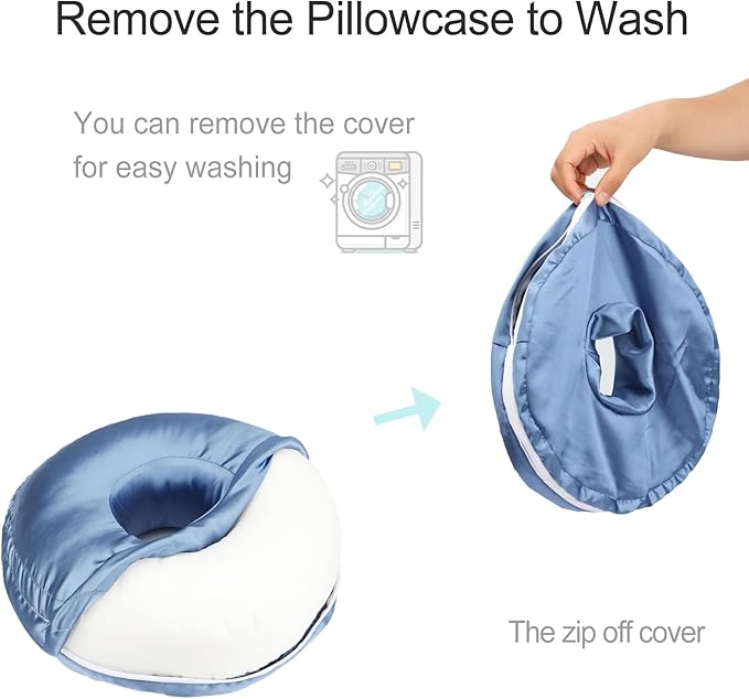 Silky Ear Piercing Pillows with Holes Removable Pillowcase Washable Donut Pillow for Ear Pain Side Sleeping Cartilage CNH Pressure Sore Tinnitus Headphones Relief Guard Protector HazeBlue