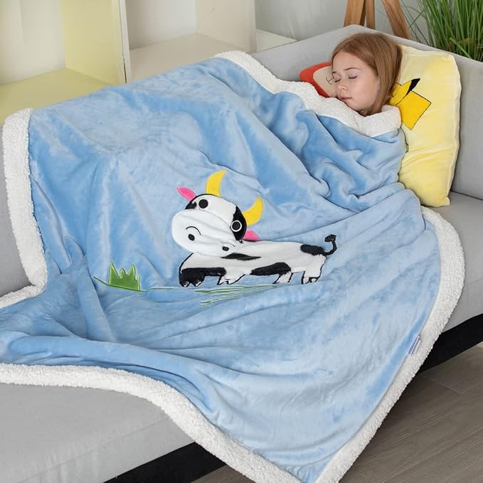 COSUSKET Kids Cow Throw Blanket, 3D Animal Embroidery Sherpa Blanket Girls Boys Gifts