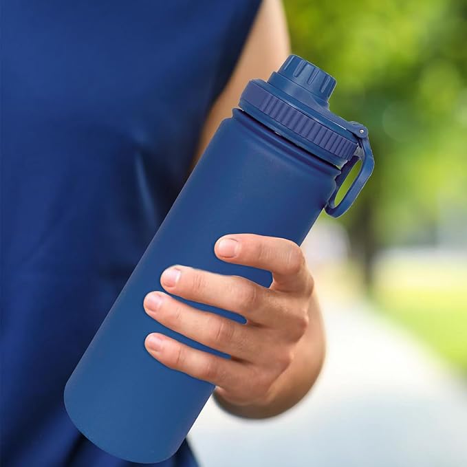 22oz Insulated Water Bottle ，Stainless Steel Sports Water Cup Flask with 2 Lids, Wide Mouth Travel Thermal Mug,Outdoor Sports Bottle（Dark Blue）