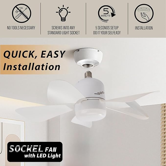 Socket Fan Light Ceiling Fans with Lights and Remote,19''Light Socket Fan with Dimmable Led Light Bulb, 3 Colors 3000k-6500k,Socket Room Fan for Bedroom
