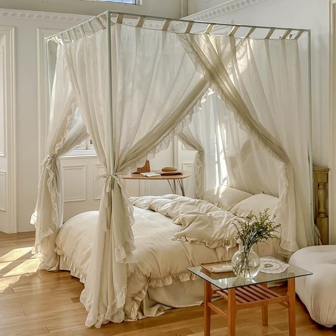 Mengersi Linen Canopy Bed Curtains,Bed Canopy Curtains Bed Drapes Sheer Curtains for Bedroom Decor (Ivory, California King)