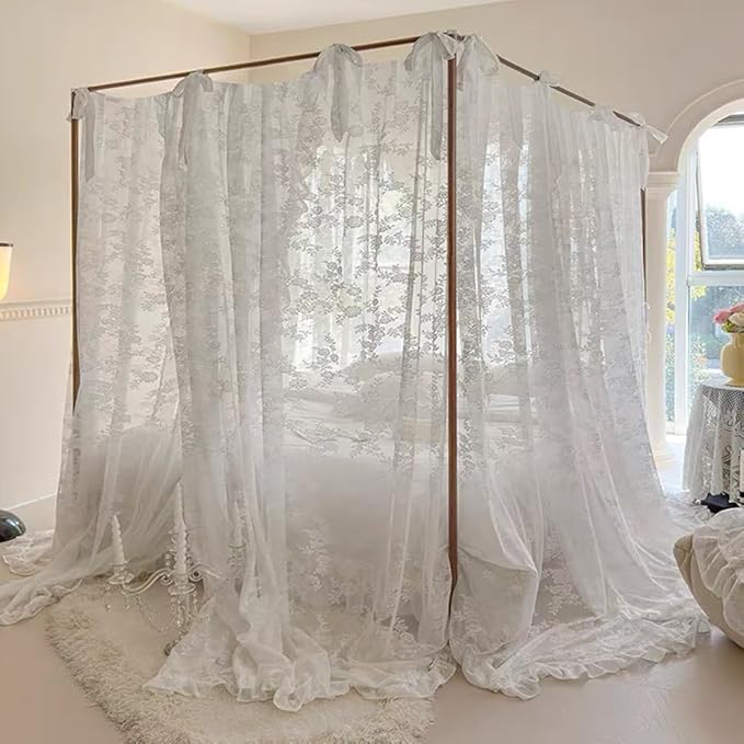 Elegant Lace Princess 4 Corner Post Mosquito Net Romantic for Girls Women Bed Curtain Canopy for Adult Wedding Bedroom Kids Rooms Decoration (Type3-Beige-White, Full)