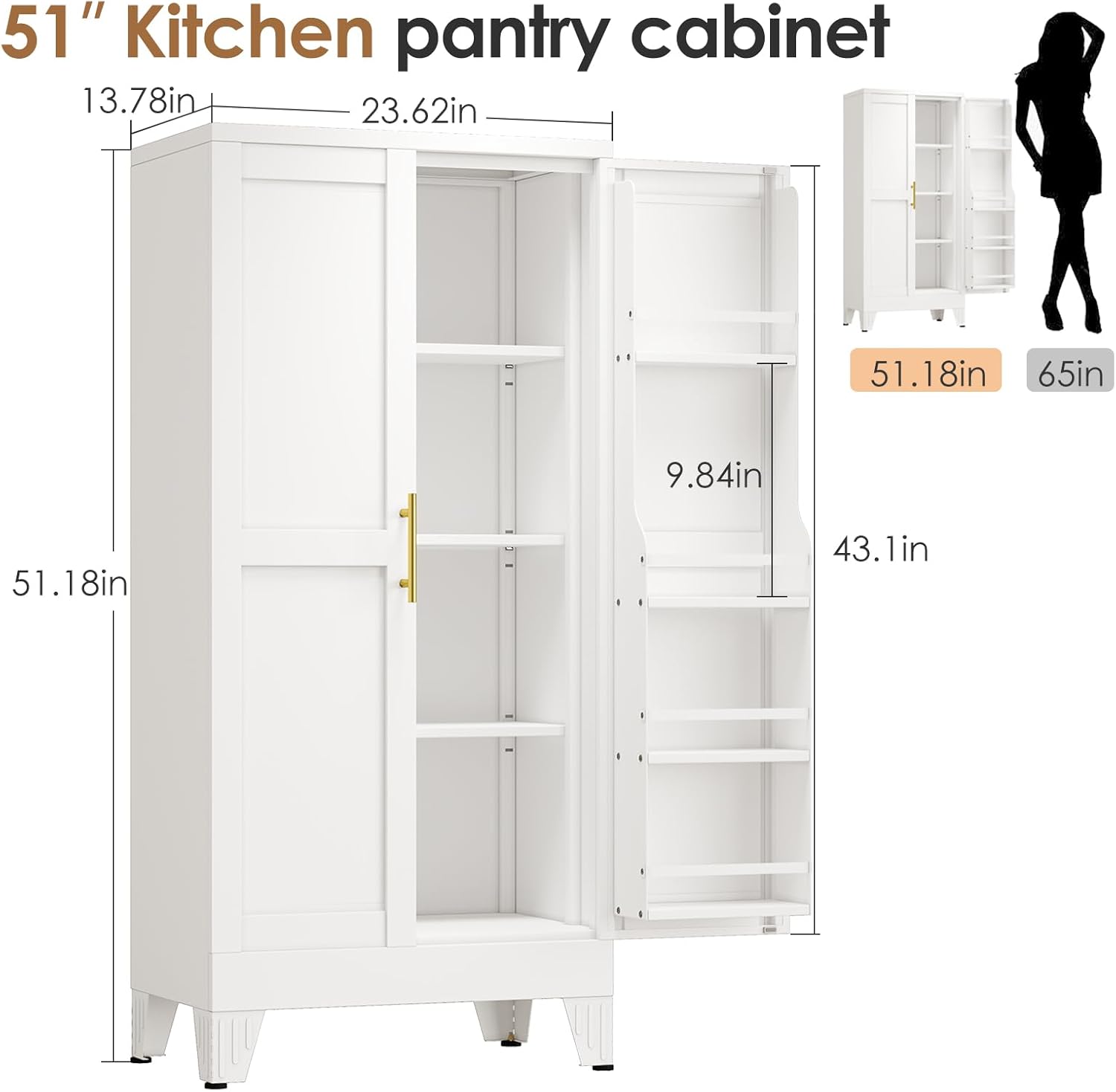 51" Kitchen Pantry Cabinet, Metal Storage Cabinet with 3 Adjustable Layer Shelves, 8 Door Shelves, Buffet Sideboard for Living Room, Kitchen, White