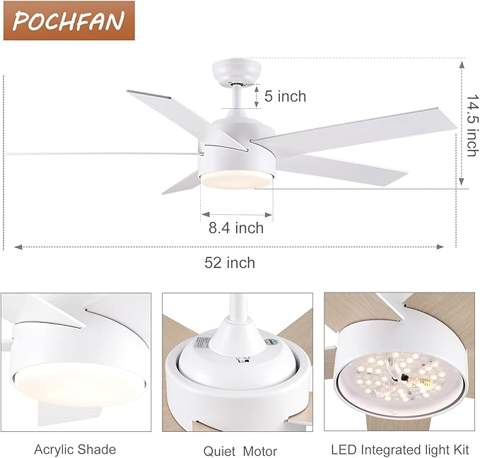 52 inch White Ceiling Fans with Lights and Remote, Wooden 5 Blades LED Modern Ceiling Fan for Bedroom, Living Room, Dining Room, 3 CCT 6-Speed Quiet Reversible