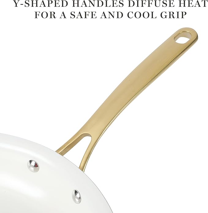 Martha Stewart Lockton Premium Nonstick PFA Free Ceramic Interior 10 Piece Heavy Gauge Enamel Aluminum Pots and Pans Cookware Set - Linen White w/Gold Handle