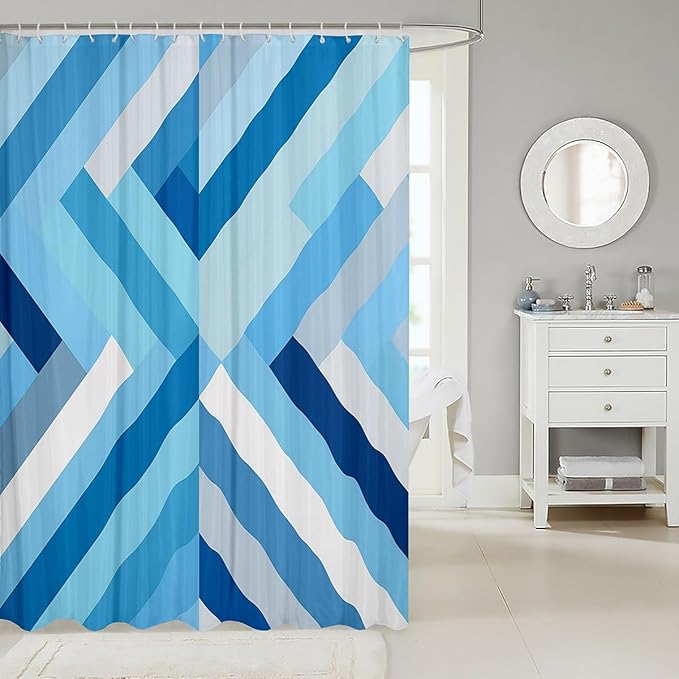 Feelyou Blue Stripe Fabric Shower Curtain Geometric Bathroom Waterproof Accessories with 12 Hooks for Kids Teens Adults Stripe Line Shower Curtain Simple Modern Curtains,72x72 Inches