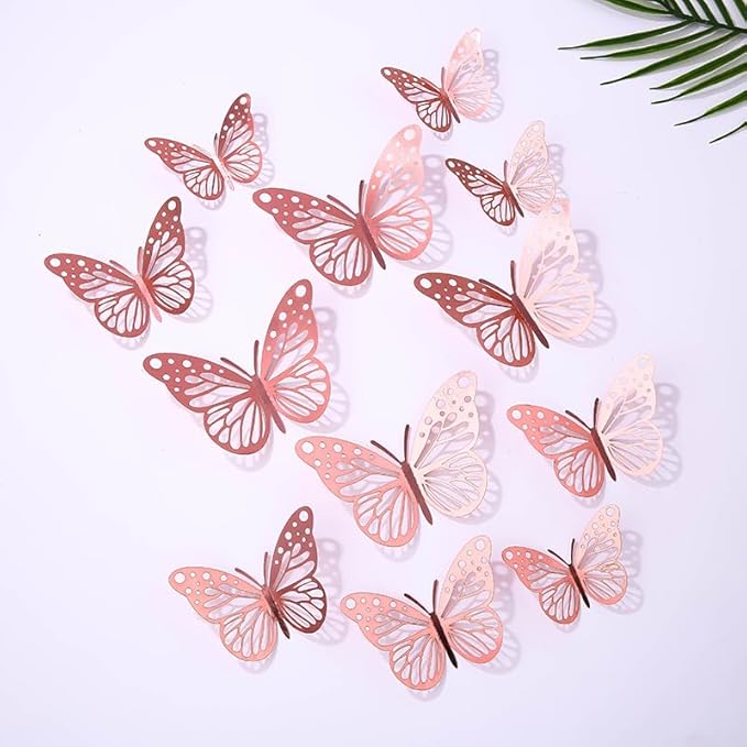 3D Butterfly Wall Decor 48 Pcs 4 Styles 4 Colors 3 Sizes,Gold Silver Laser Rose Butterfly Decorations for Butterfly Birthday Decorations Butterfly Party Decorations Cake Decorations,Removable Sticker