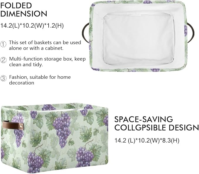 Grapes Purple Rustic Storage Basket Fabric Storage Bin Laundry Baskets Green Leaves Fruits Foldable Storage Boxes Organizer Bag for Cloth Dog Toy Book Storage Cubes Shelf Closet Basket 16×12×8 Inches
