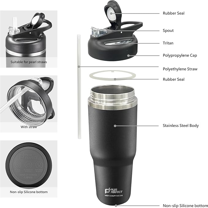 27 OZ 316 Stainless Steel Vacuum Insulated Travel Mug With Leak Proof Flip For Both Straw & Spout, Double Walled Seamless to Keep Hot And Cold, Black