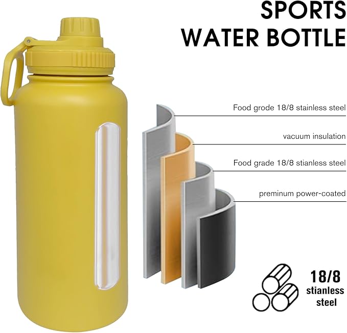 32oz Insulated Water Bottle ，Stainless Steel Sports Water Cup Flask with 2 Lids, Wide Mouth Travel Thermal Mug,Outdoor Sports Bottle（Mango yellow）
