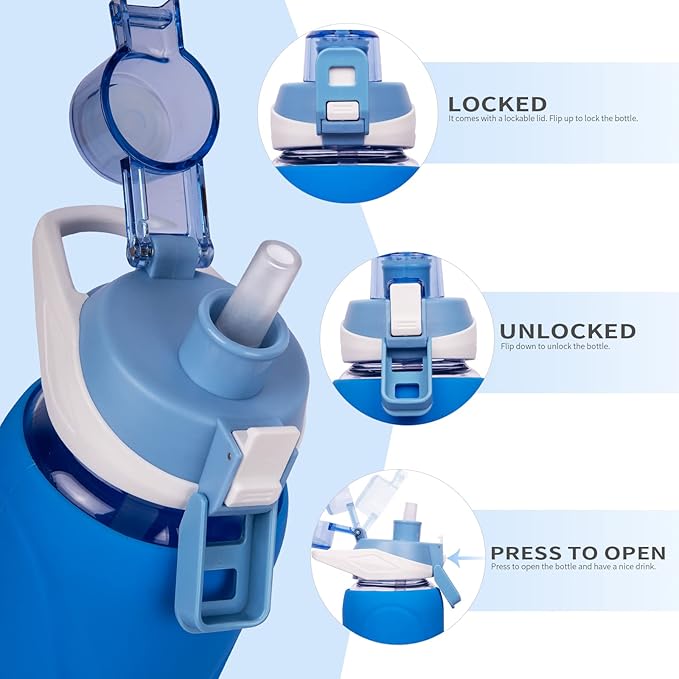 32 oz Sports Glass Water Bottle with Straw & Silicone Sleeve Reusable BPA-free Borosilicate Glass Drinking Bottle with Flip Top Lid & Handle Wide Mouth (Dark Blue)