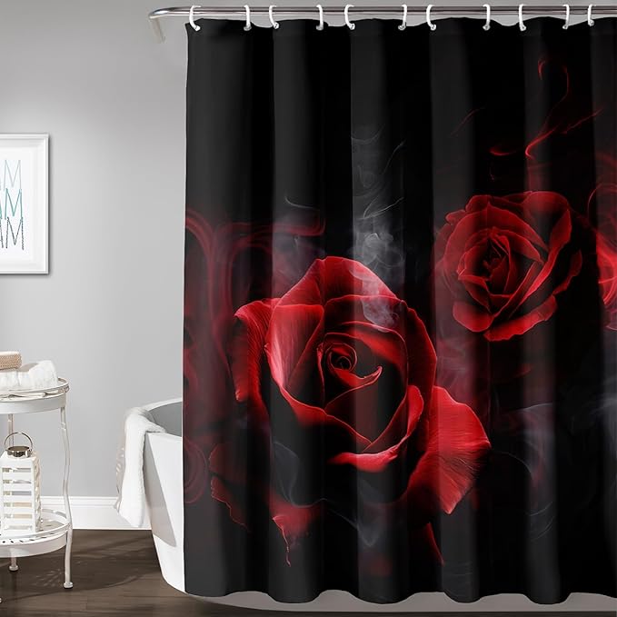AILONEN Red and Black Rose Shower Curtain,Romantic Smoky Luxury Rose Bathroom Decor,Red Flower Garden Floral Bath Curtain,Waterproof 48" W x 72" H