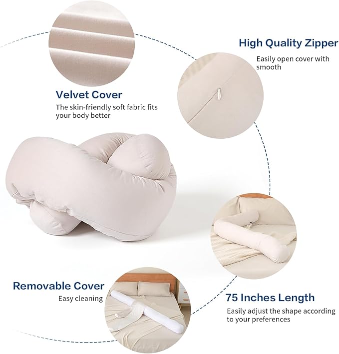 Long Body Pillow for Adults,Full Body Pillow with Velvet Pillowcase,Round Bolster Pillow for Sleeping,Hug Pillow(Beige,75×6 inch)