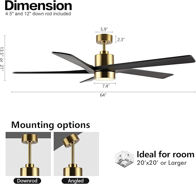 WINGBO 64 Inch DC Ceiling Fan with Lights and Remote Control, 5 Reversible Carved Wood Blades, 6-Speed Noiseless DC Motor, Modern Ceiling Fan in Brass Finish with Balck Blades, ETL Listed